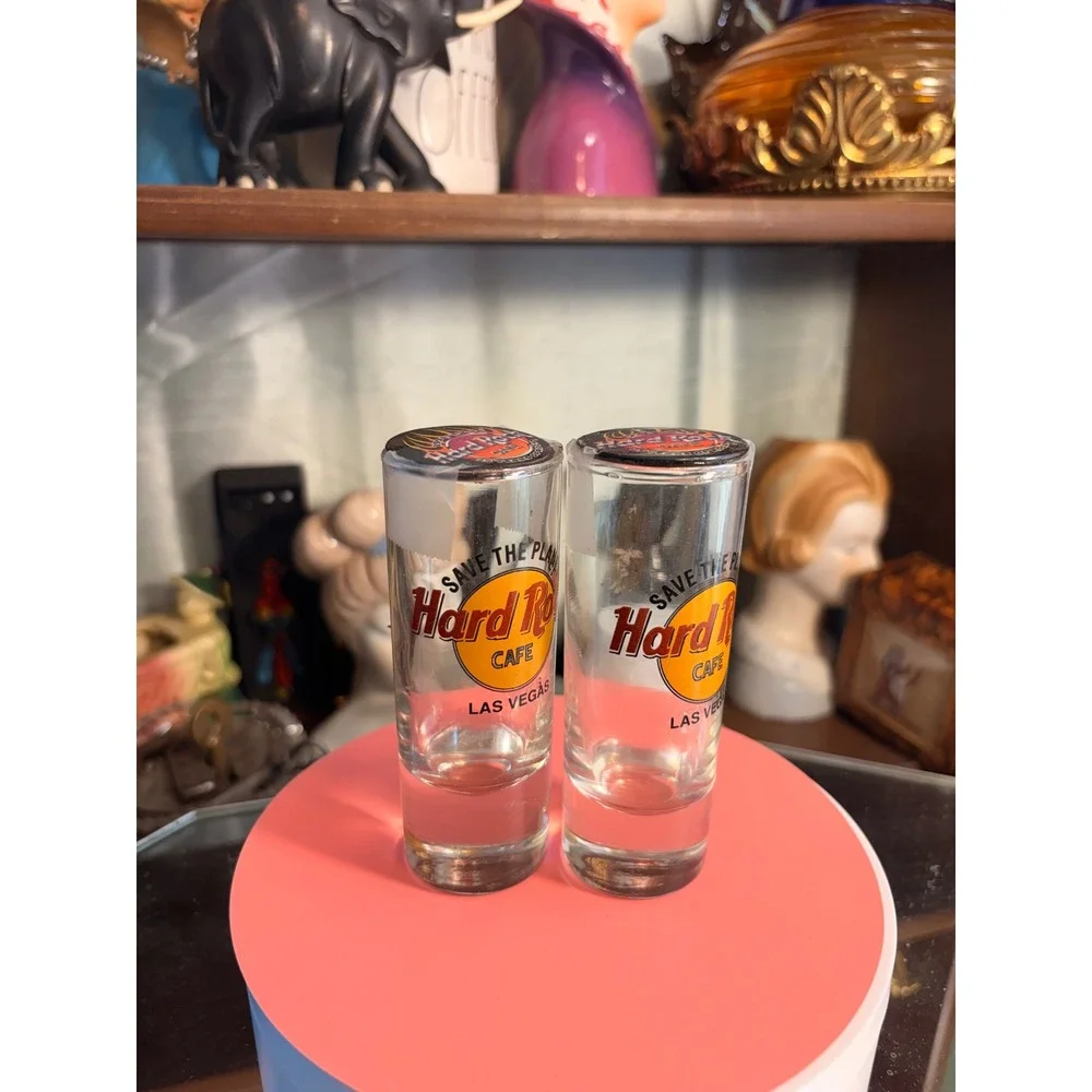 Hard Rock Cafe Las Vegas Save The Planet Shot Glass Pair with Pin Backs Clear